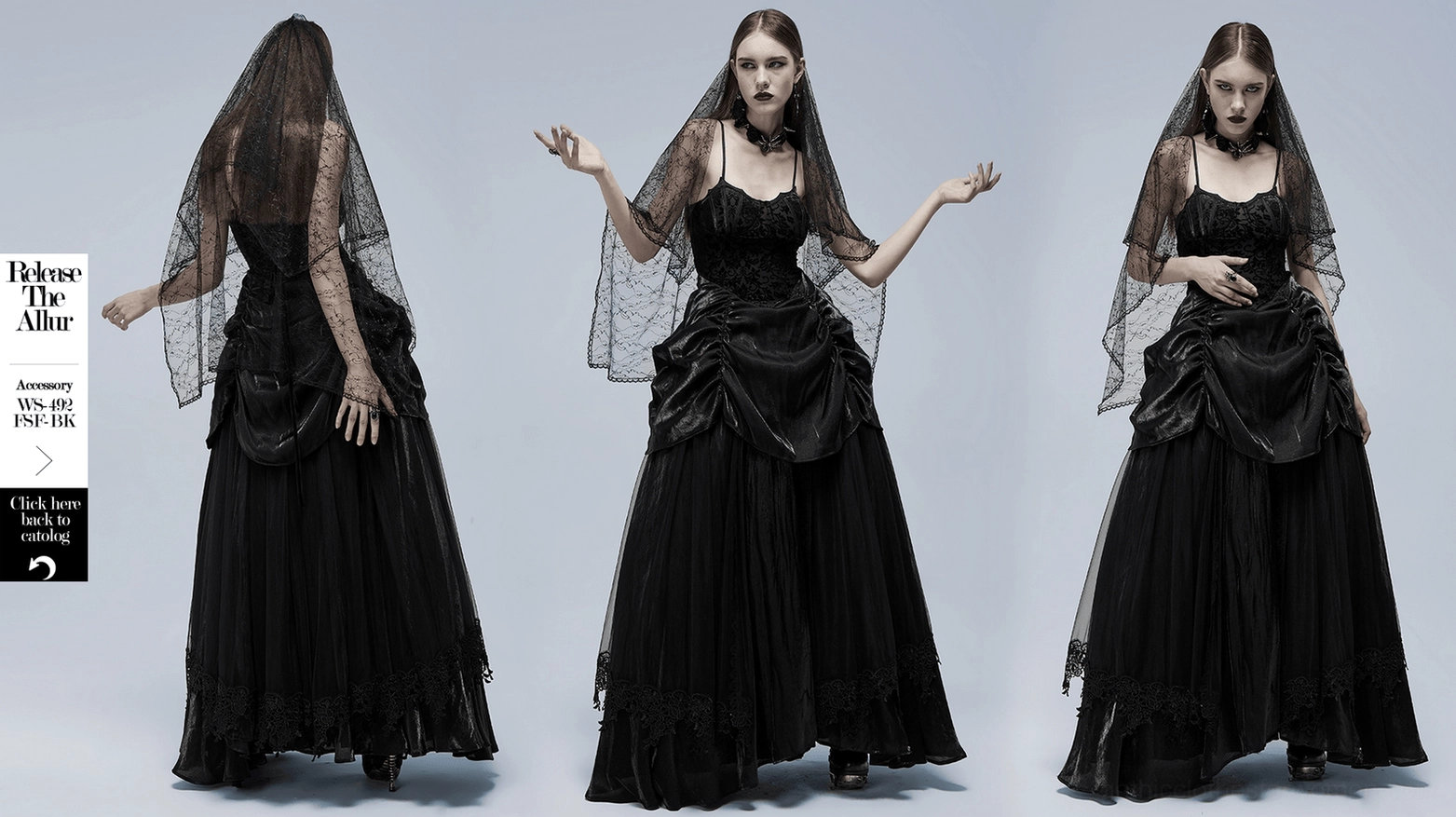 Gothic evening gown detail shot highlighting satin and tulle material combinations
