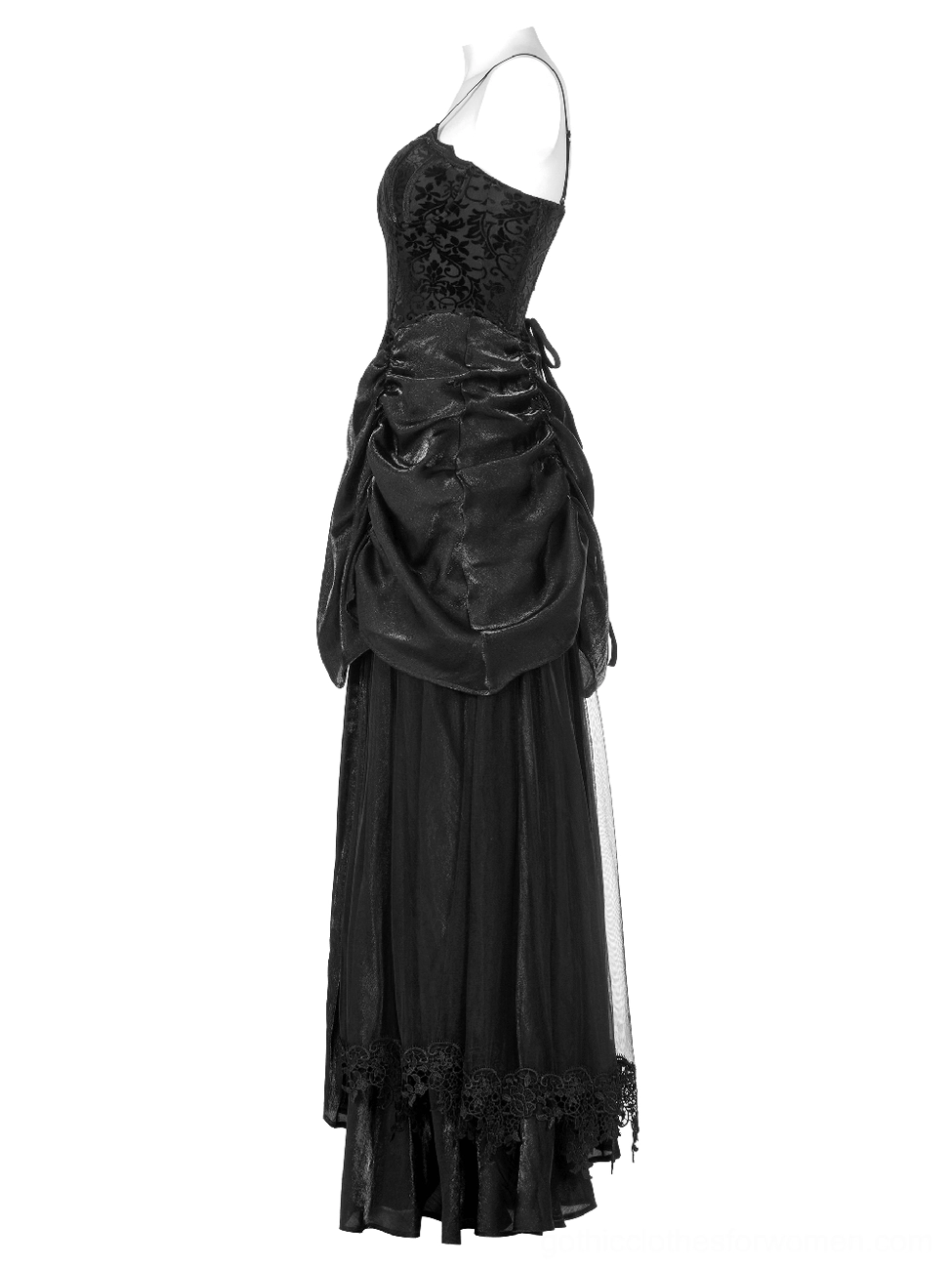 Side view of gothic gown on mannequin displaying lace-up back closure and tulle layers