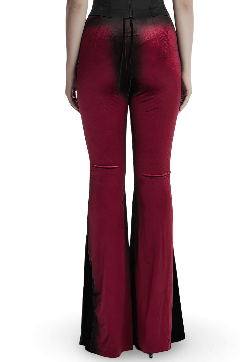 Gothic gradient velvet flared pants rear view showing back tie closure and wine red to black ombre fabric