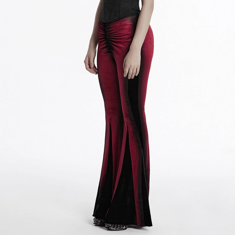 Gothic gradient velvet flared pants wine red ombre color showing full length