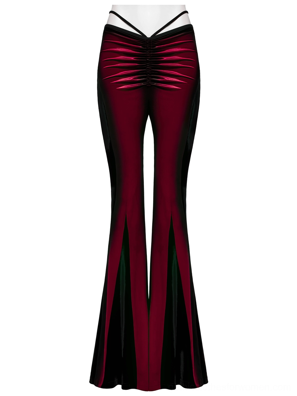 Gothic gradient velvet pants flat lay showing low V waist strap and split flared legs detail