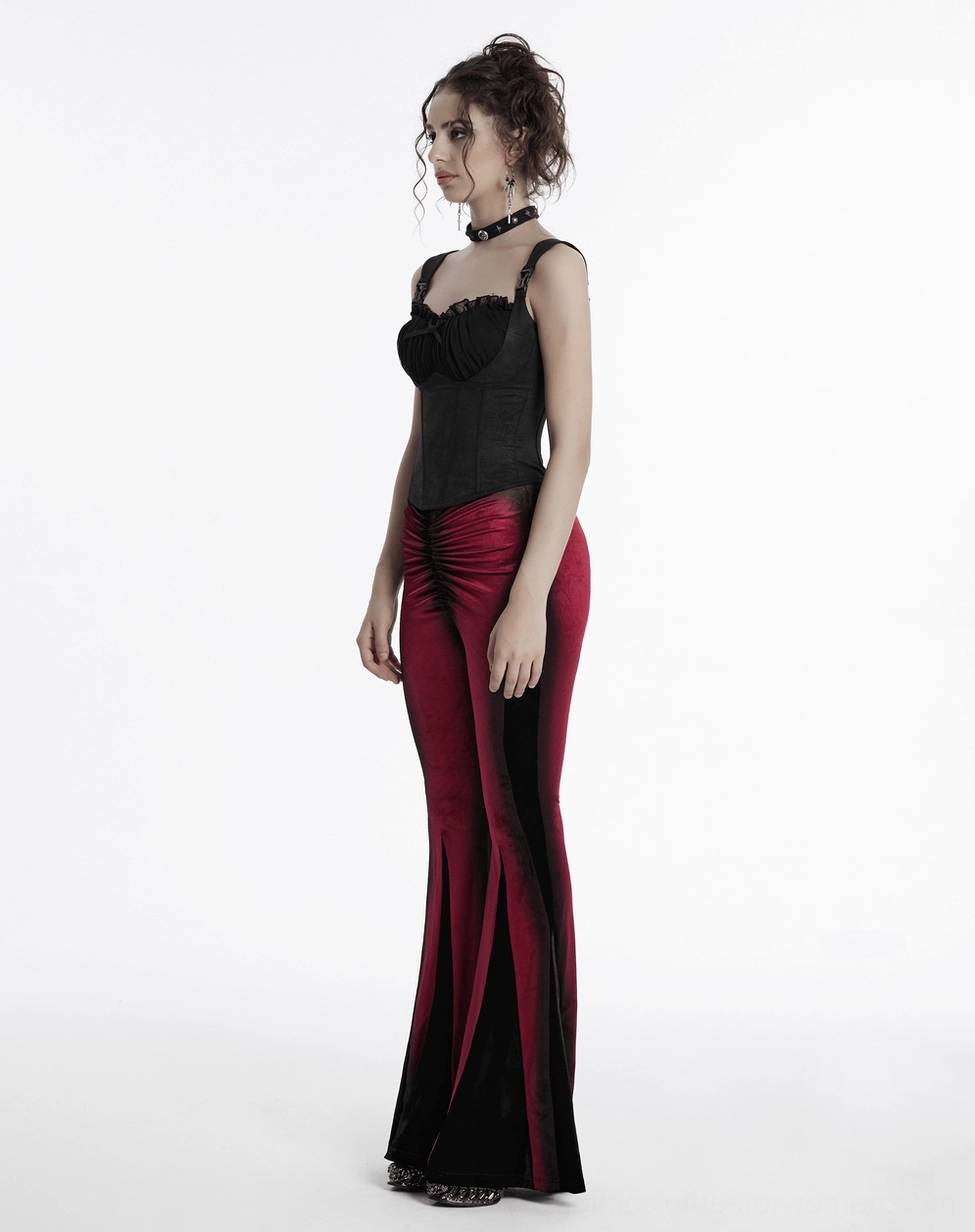 Gothic gradient velvet flared pants wine red color waistband and fit detail