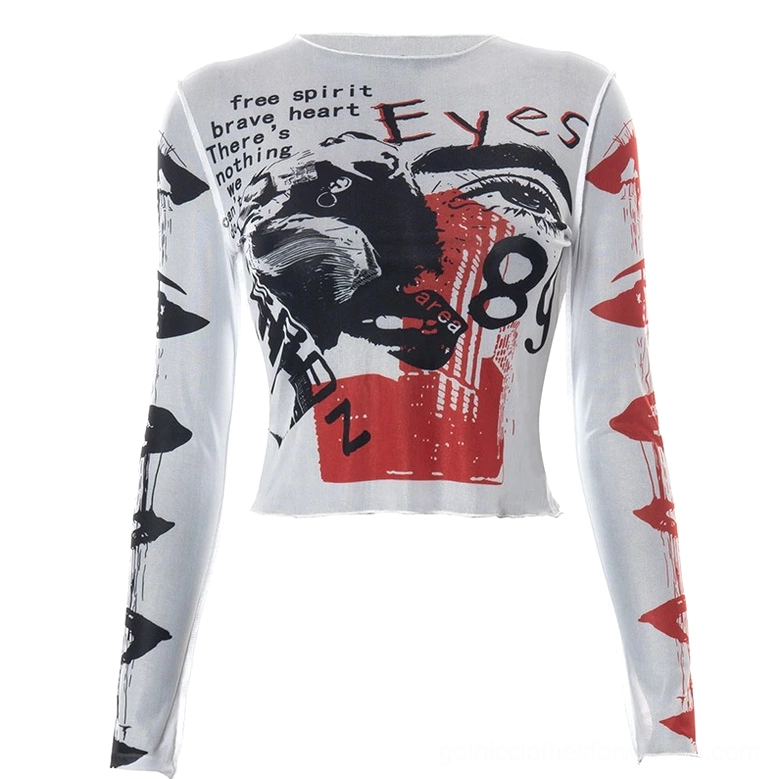 Graffiti print gothic mesh crop top on dress form showing red, black and white graphic artwork and front design details