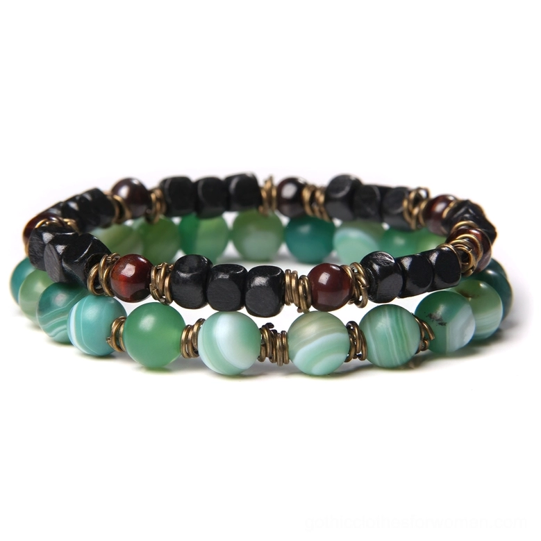 Green striped agate beaded bracelet - natural stone gothic jewelry with multiple green tones