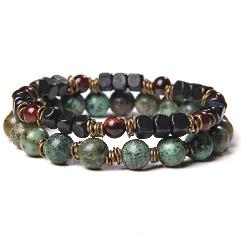Gothic stone beaded bracelet with green aventurine and brass spacers - natural grounding jewelry for alternative style