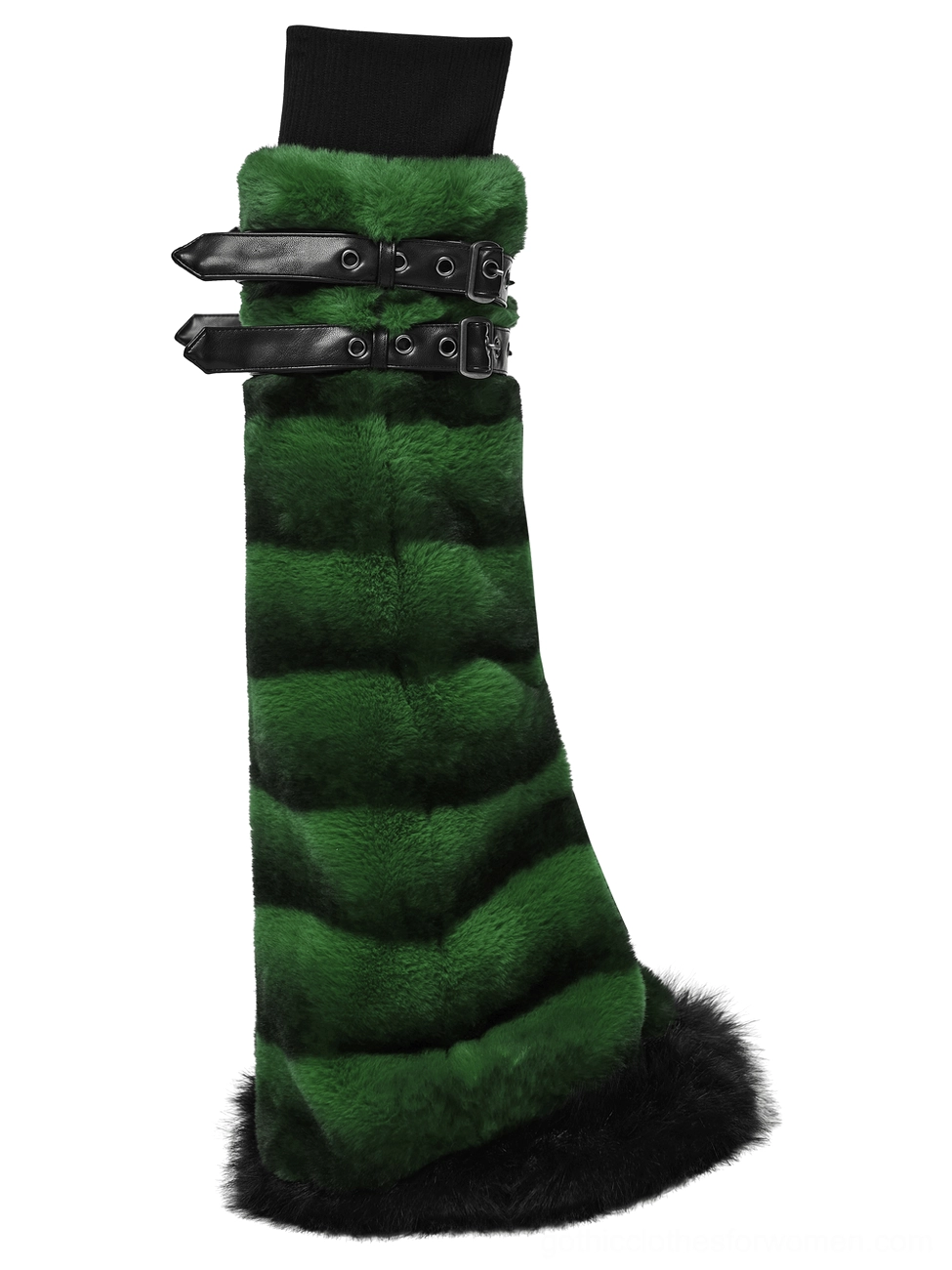 Single gothic leg warmer featuring green striped faux fur with black fur hem and buckle strap