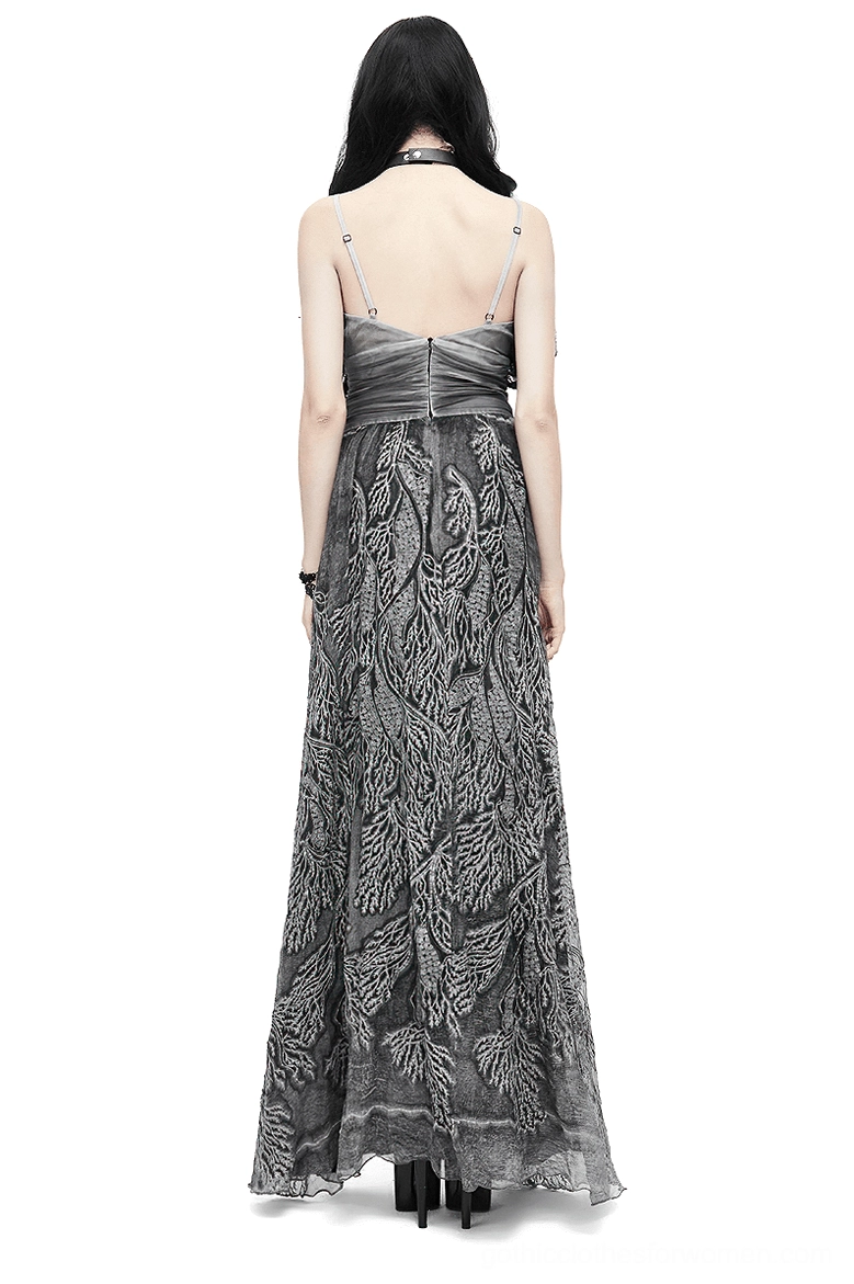 Pure silk grey gothic backless evening dress rear view showing low cut back and spaghetti straps