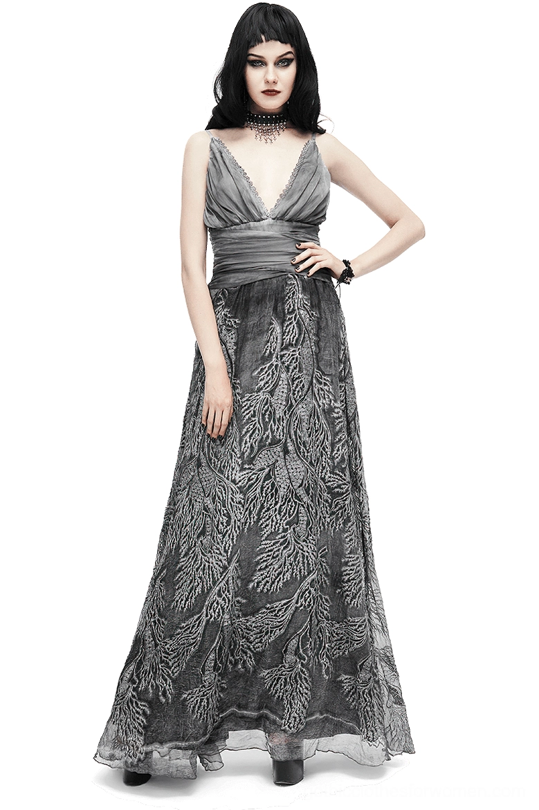 Gothic grey deep V backless maxi dress front view with leaf pattern print and ruched waist detail