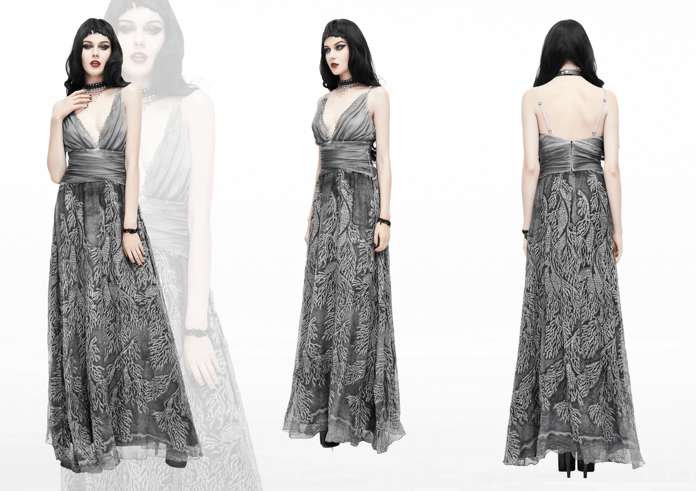 Gothic grey dress full body view showcasing elegant silhouette with leaf pattern and length