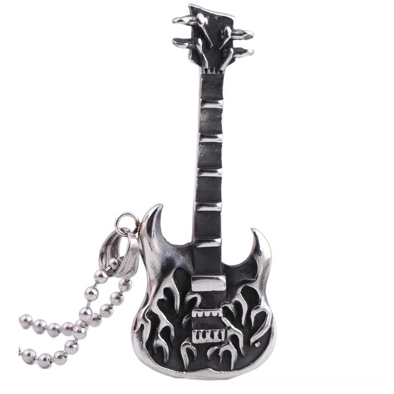 Detailed front view of guitar pendant necklace showcasing intricate flame engraving and vintage silver-tone finish with included ball chain