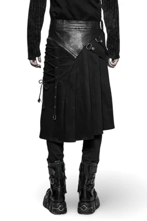 Back view of Gothic half kilt skirt showing central lace-up closure, leather waist panel, and side lace-up details with metal D-rings