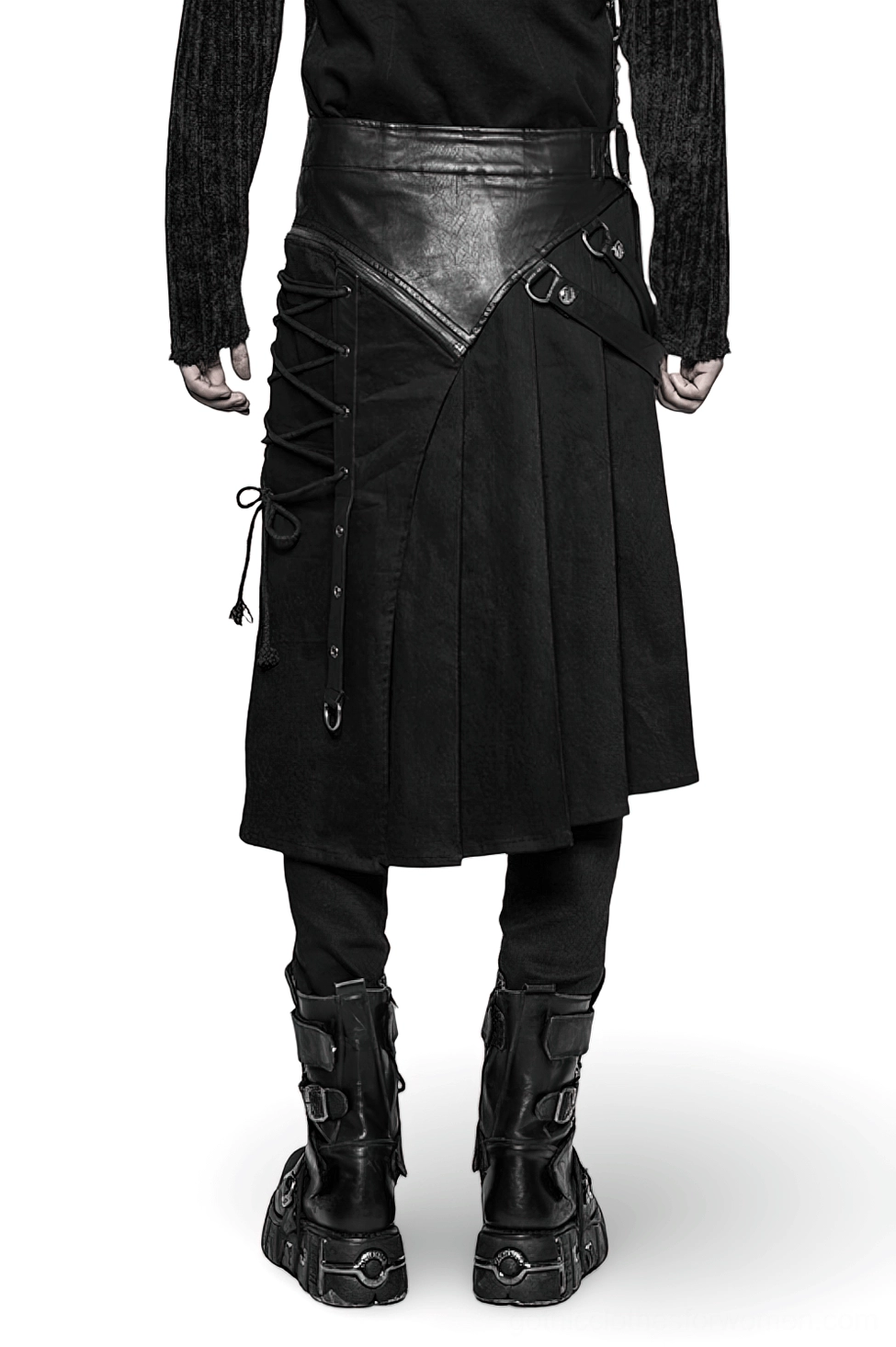 Back view of Gothic half kilt skirt showing central lace-up closure, leather waist panel, and side lace-up details with metal D-rings