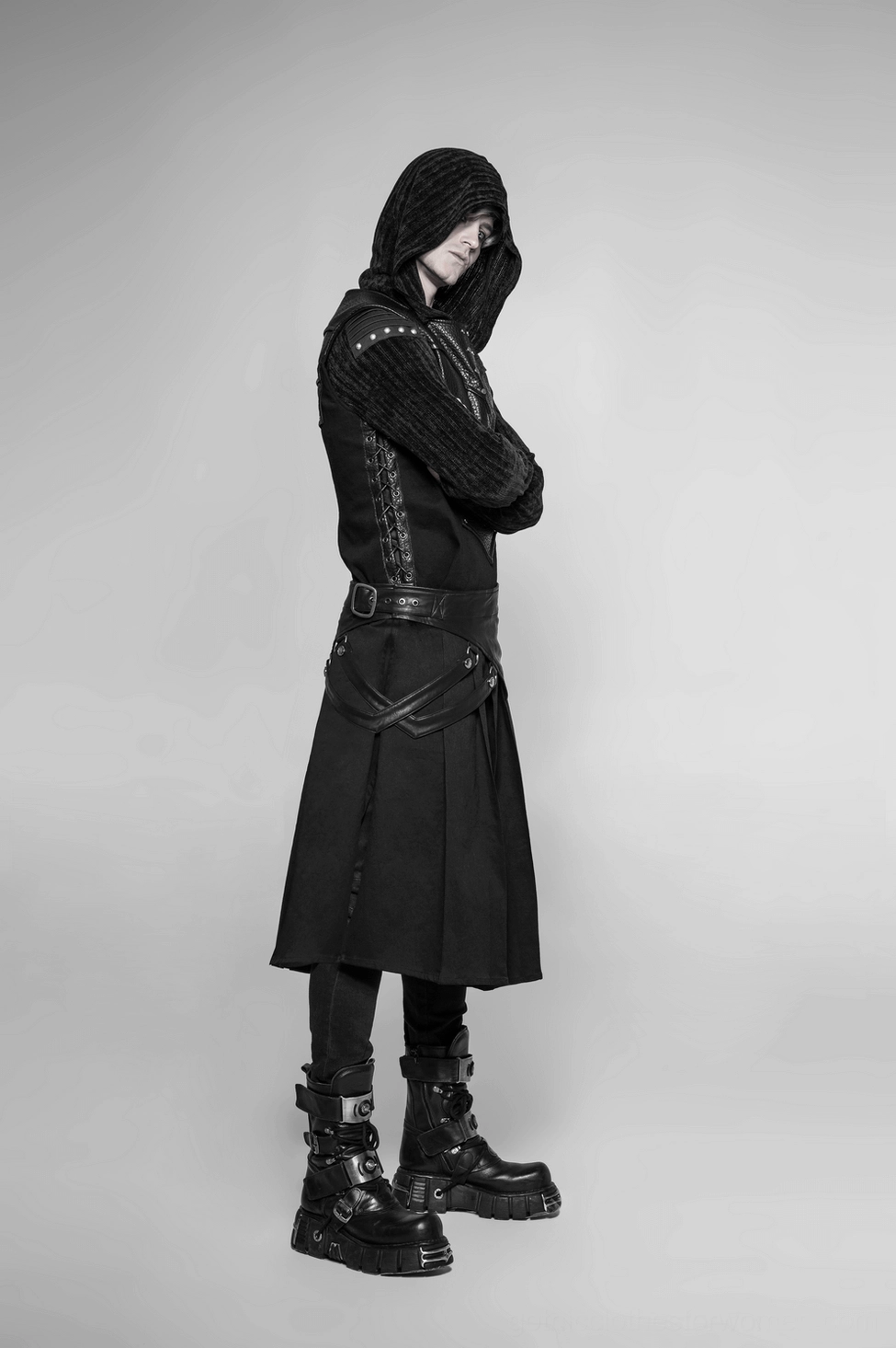 Alternative angle of Gothic detachable half kilt featuring pleated skirt volume, asymmetric hemline, leather waist definition, and punk-inspired metal accents