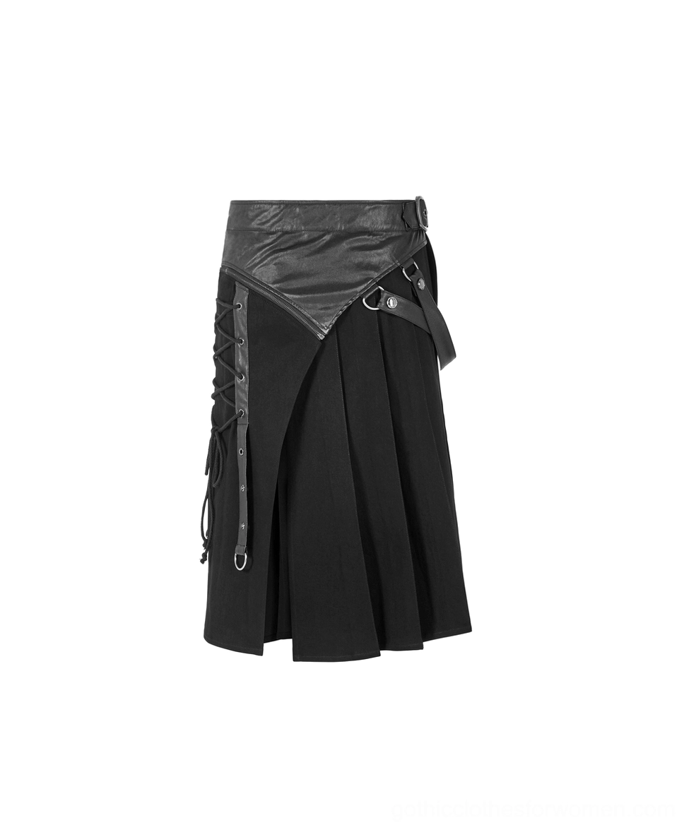 Three-quarter view of Gothic half kilt skirt showing asymmetric design, layered construction, PU leather panels, and functional side pocket eyelets