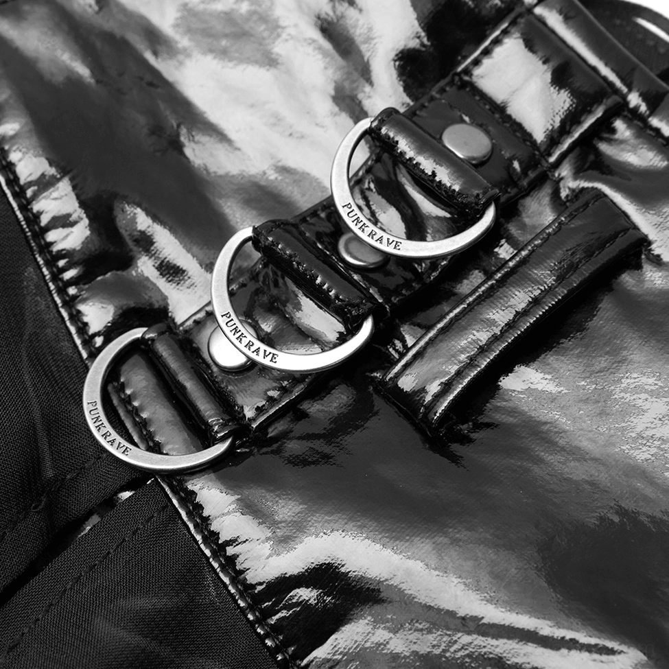 Black leather waist belt hardware detail - triple-ring buckle close-up