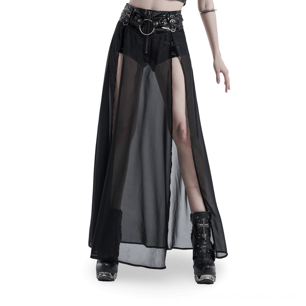 Black chiffon gothic half skirt with adjustable metal belt - front view on model