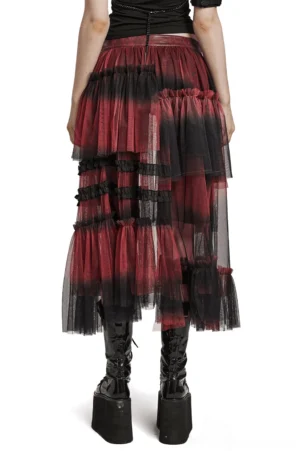 Tiered layered mesh gothic skirt back view showing asymmetrical ruffle design and ombre effect