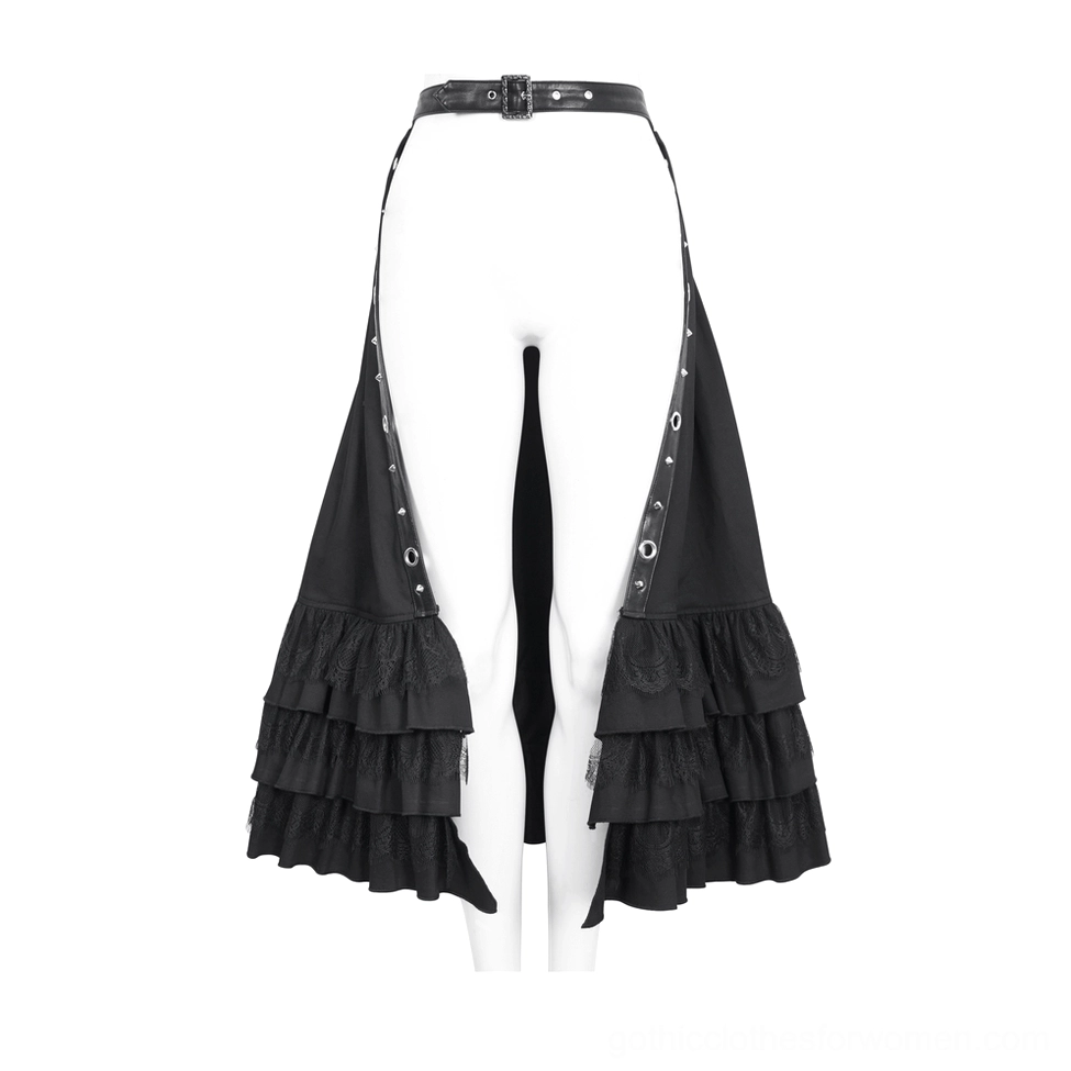 Side view of black gothic half skirt on mannequin displaying split front opening, PU waist belt, and metal snap button construction details
