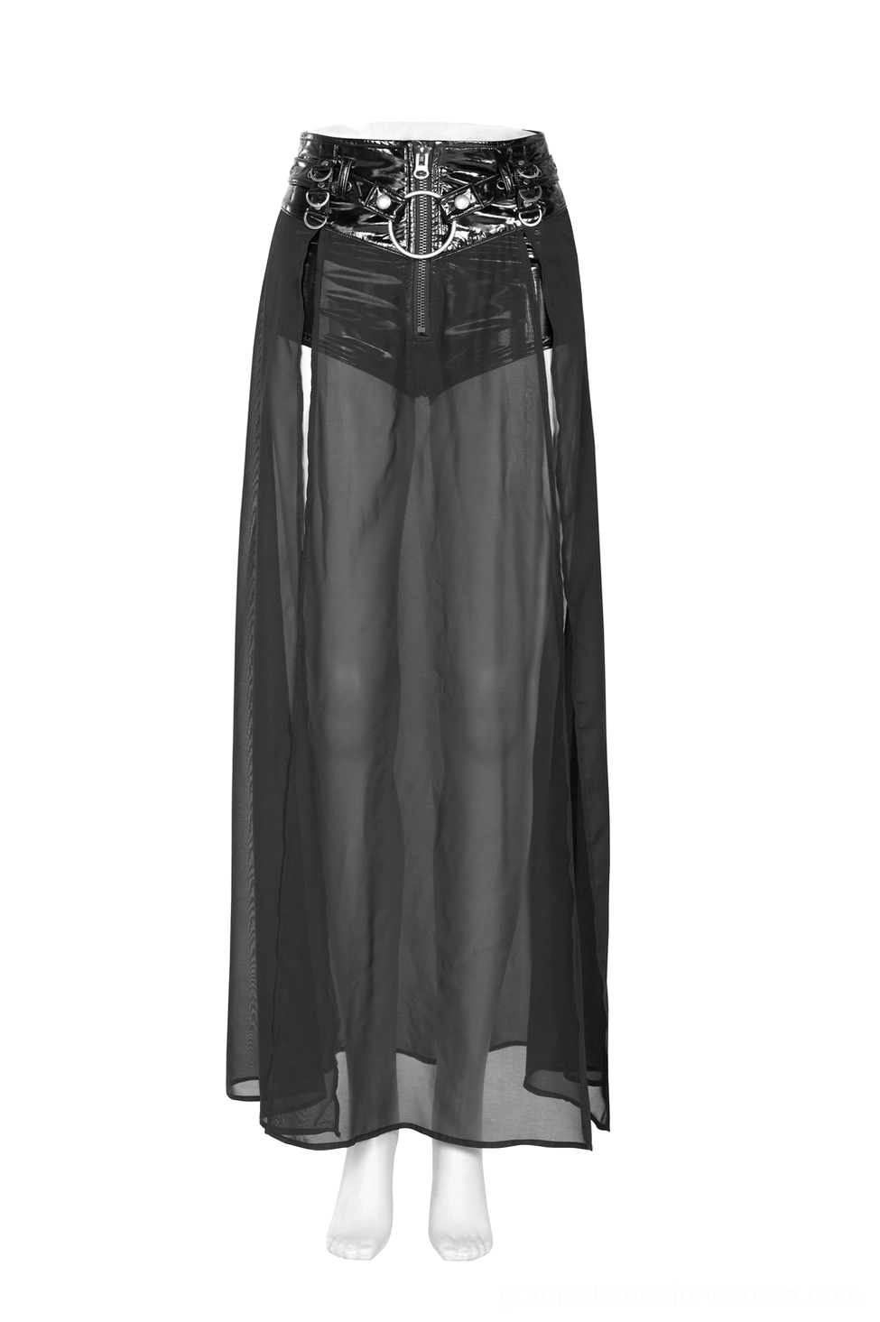 Gothic chiffon half skirt with wide metal waist belt - front view on mannequin
