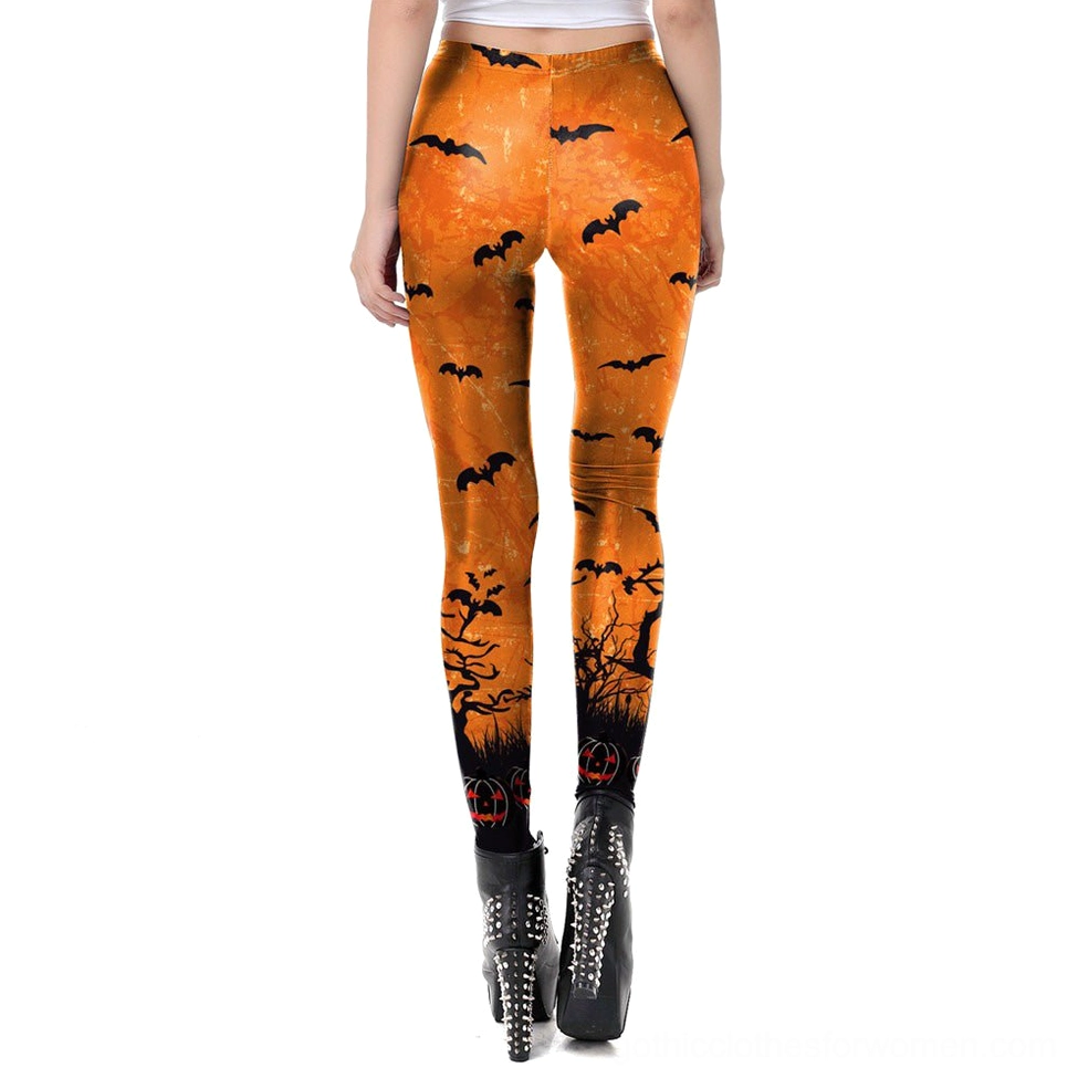 Spooky print halloween leggings back detail showing pumpkin and bat designs