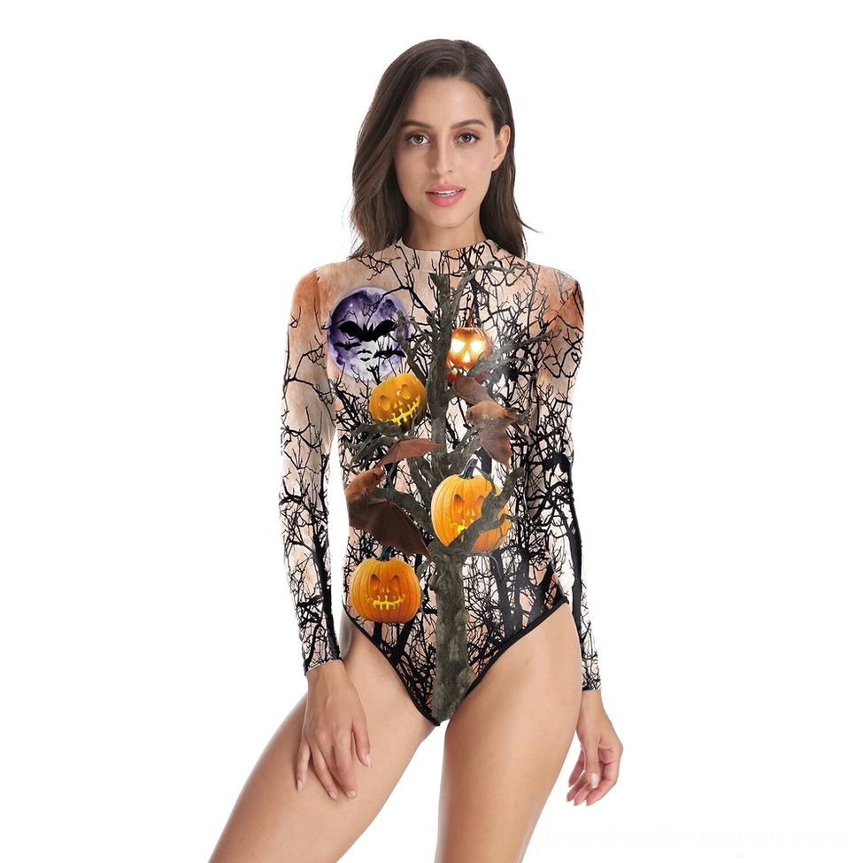 Women's dark gothic long sleeve one-piece swimsuit with spooky halloween print featuring dead trees, pumpkins and full moon design, high neck style, front three-quarter view on model
