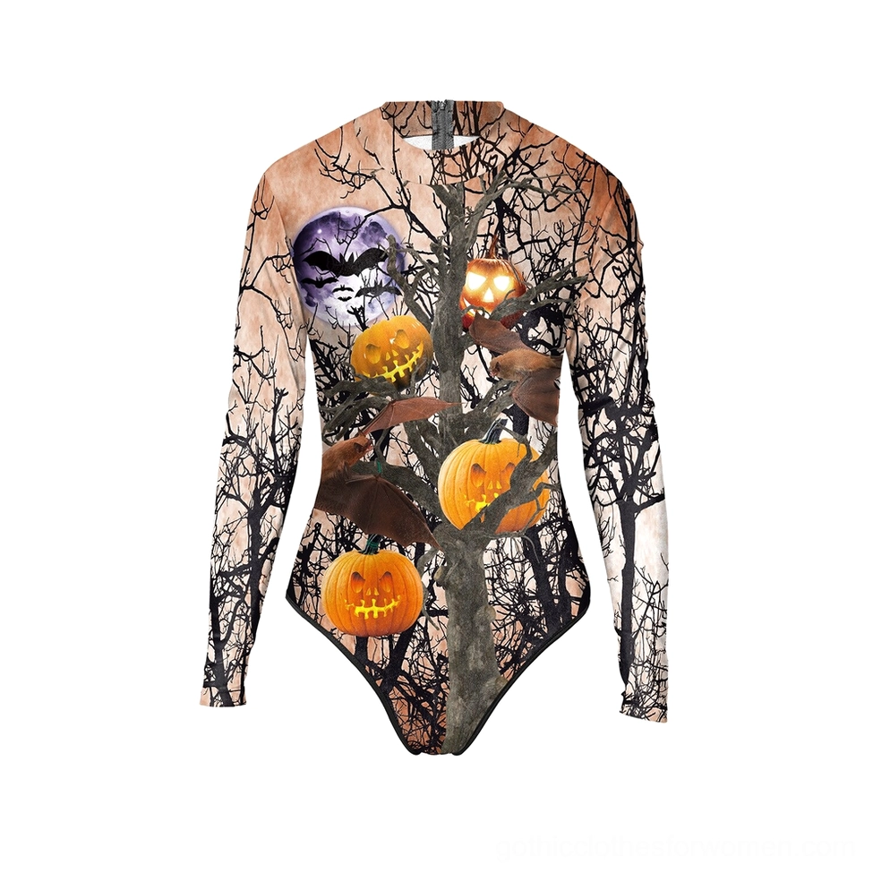 Flat lay display of gothic long sleeve one-piece swimsuit showing high collar, long sleeves, and detailed halloween print with eerie landscape and supernatural imagery