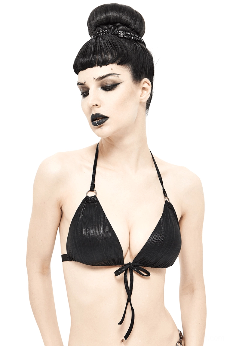 Gothic black halter bikini top front view on model - deep V-neck tie closure with shiny pleated fabric and metal hardware details