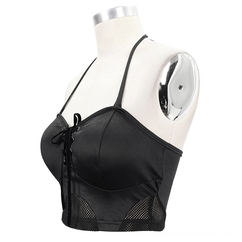 Black gothic halter bikini top three-quarter view on mannequin showing mesh panels and satin finish