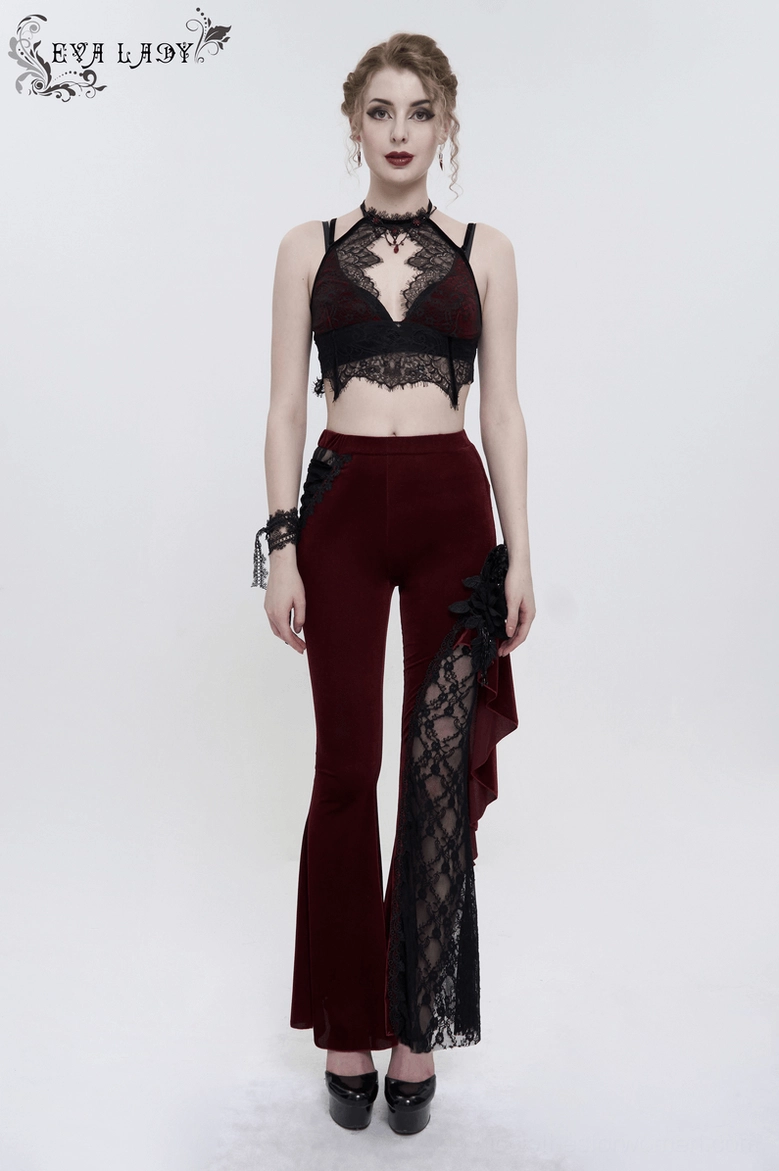 Black wine red gothic halter bra showing adjustable fit and corset-style back lacing from rear three-quarter angle