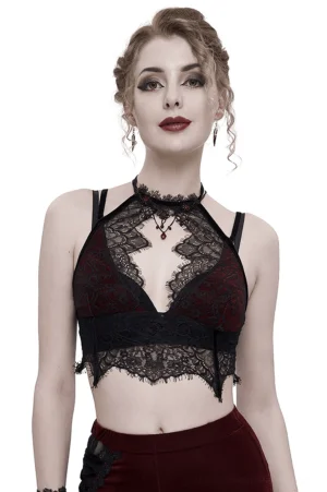 Black and wine red gothic halter velvet bra front view worn by model, showcasing eyelash lace trim and adjustable halter neckline