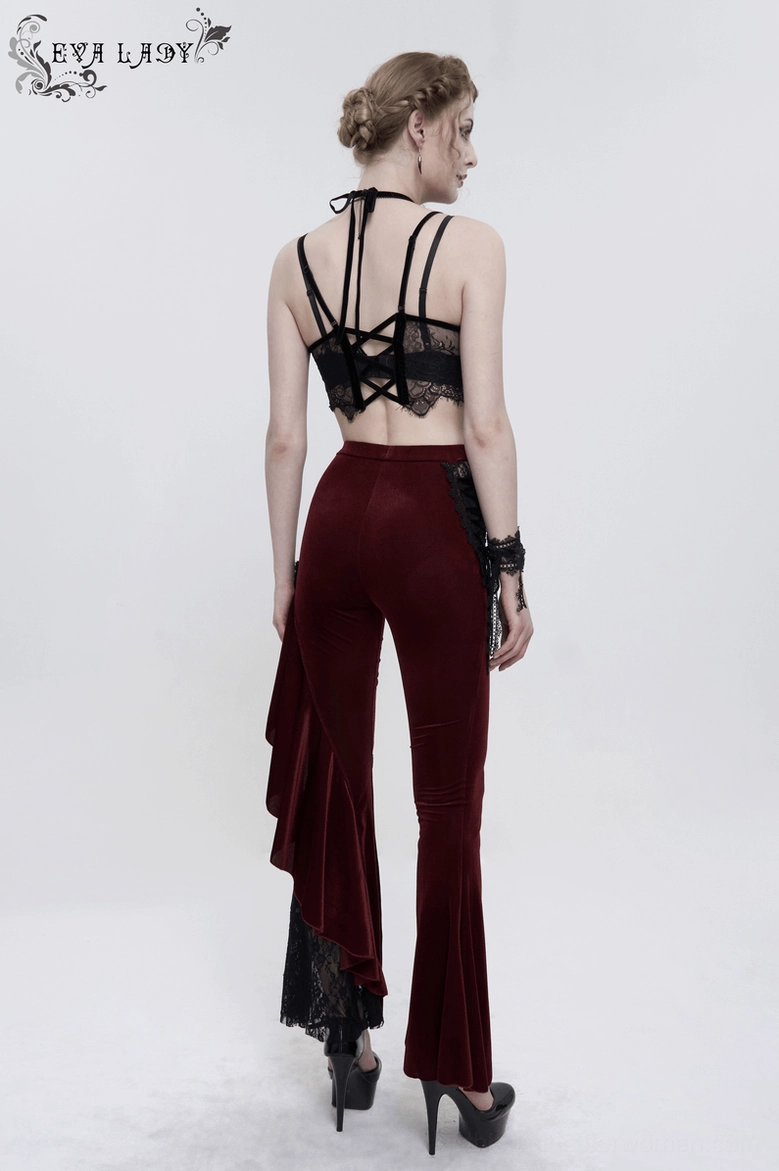 Gothic halter lace bra in black wine red showing dual shoulder strap construction and halter neckline from front angle
