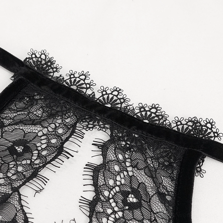 Close-up macro detail of eyelash lace trim and velvet strap on black wine red gothic halter bra showing craftsmanship