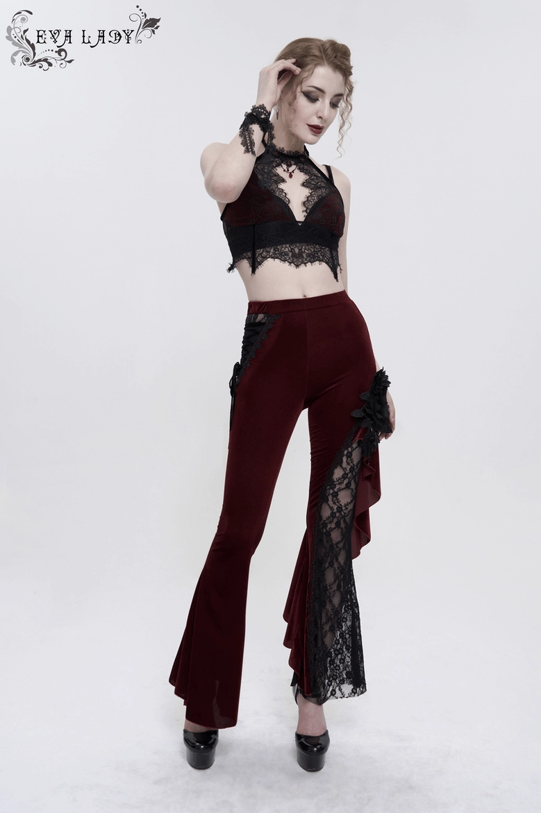 Wine red black gothic lace velvet halter bra architectural neckline and shoulder strap design detail shot
