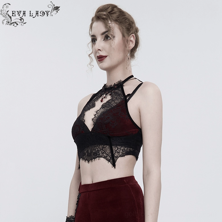 Black wine red gothic halter bra three-quarter side view on model wearing matching gothic accessories and wine red bottom wear