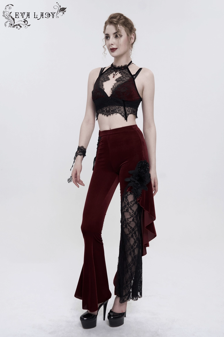 Black and wine red gothic halter velvet bra overall silhouette showcasing elegant close-fitted design and lace accents