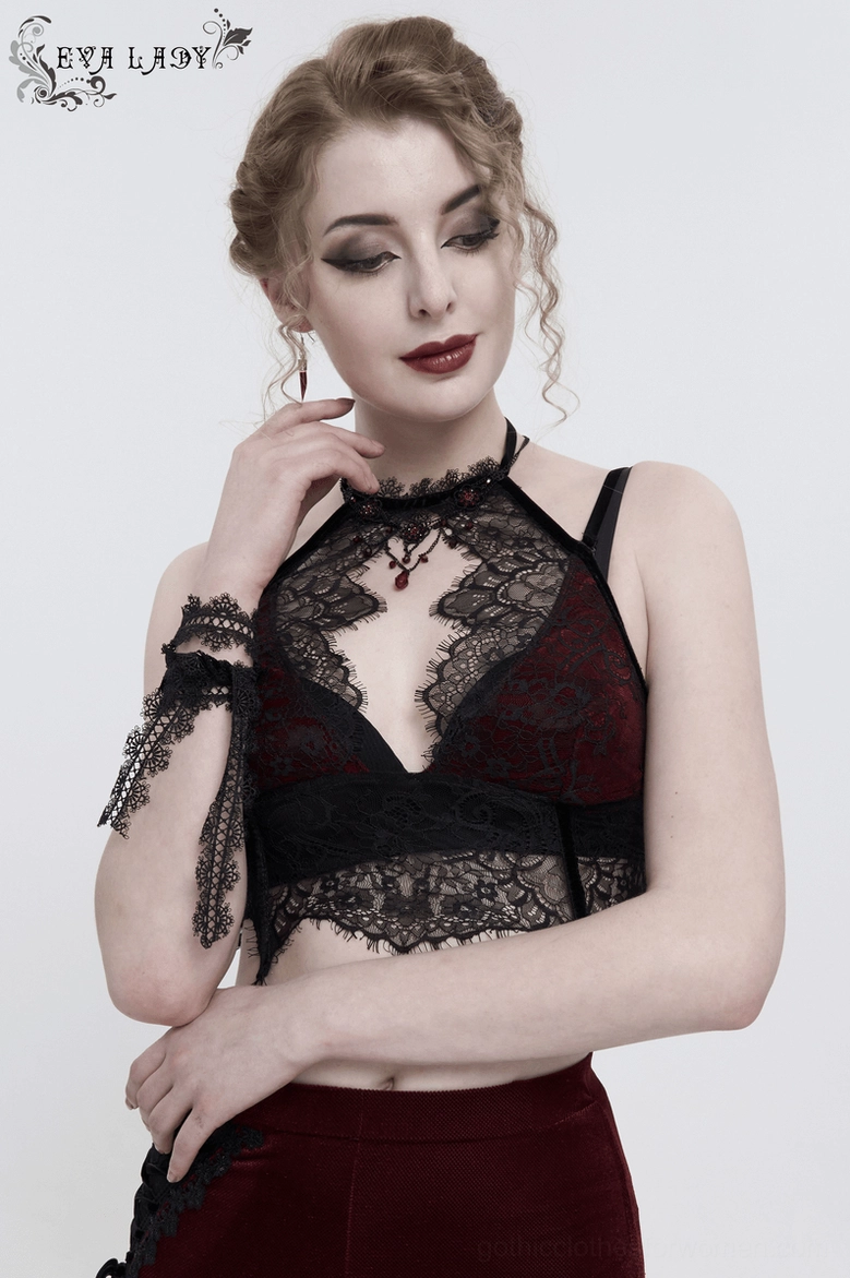 Wine red and black gothic halter bra detail shot emphasizing velvet texture lace embroidery and halter neck construction
