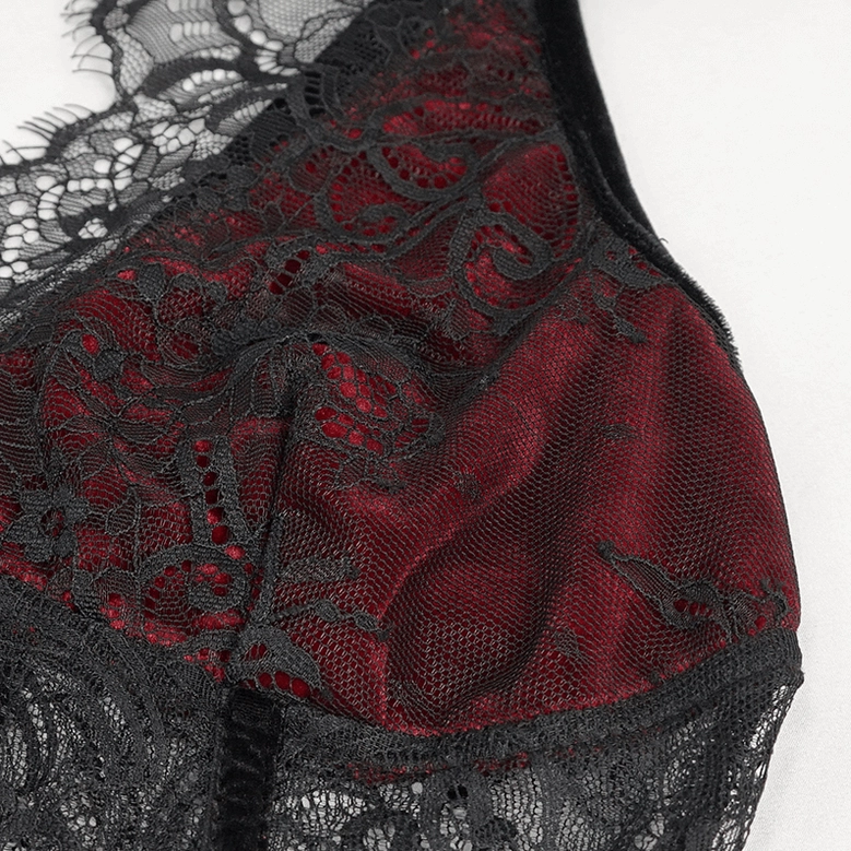 Wine red velvet cup with embroidered floral lace overlay detail on black gothic halter bra showcasing luxury material blend