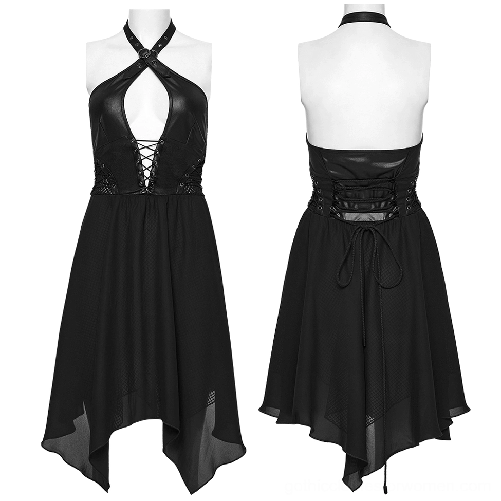 Black gothic corset dress with cross halter neckline, faux leather bustier, and lace-up front - mannequin display front angle