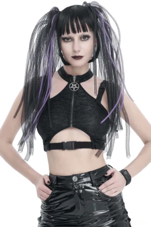 Gothic black halter crop top with front zipper and pentagram charm, worn by alternative model with purple-streaked pigtails, front three-quarter view