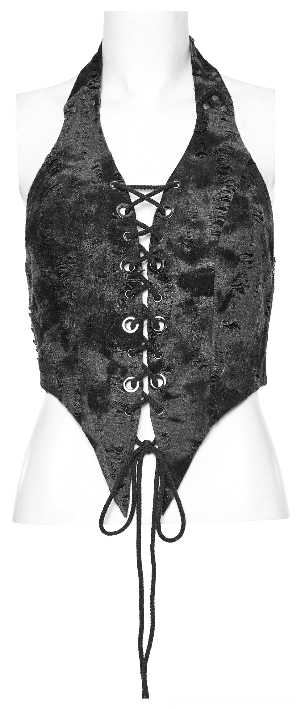 Close-up view of gothic halter crop top front lacing system with metal grommets, self-tie bottom hem, and distressed knit texture