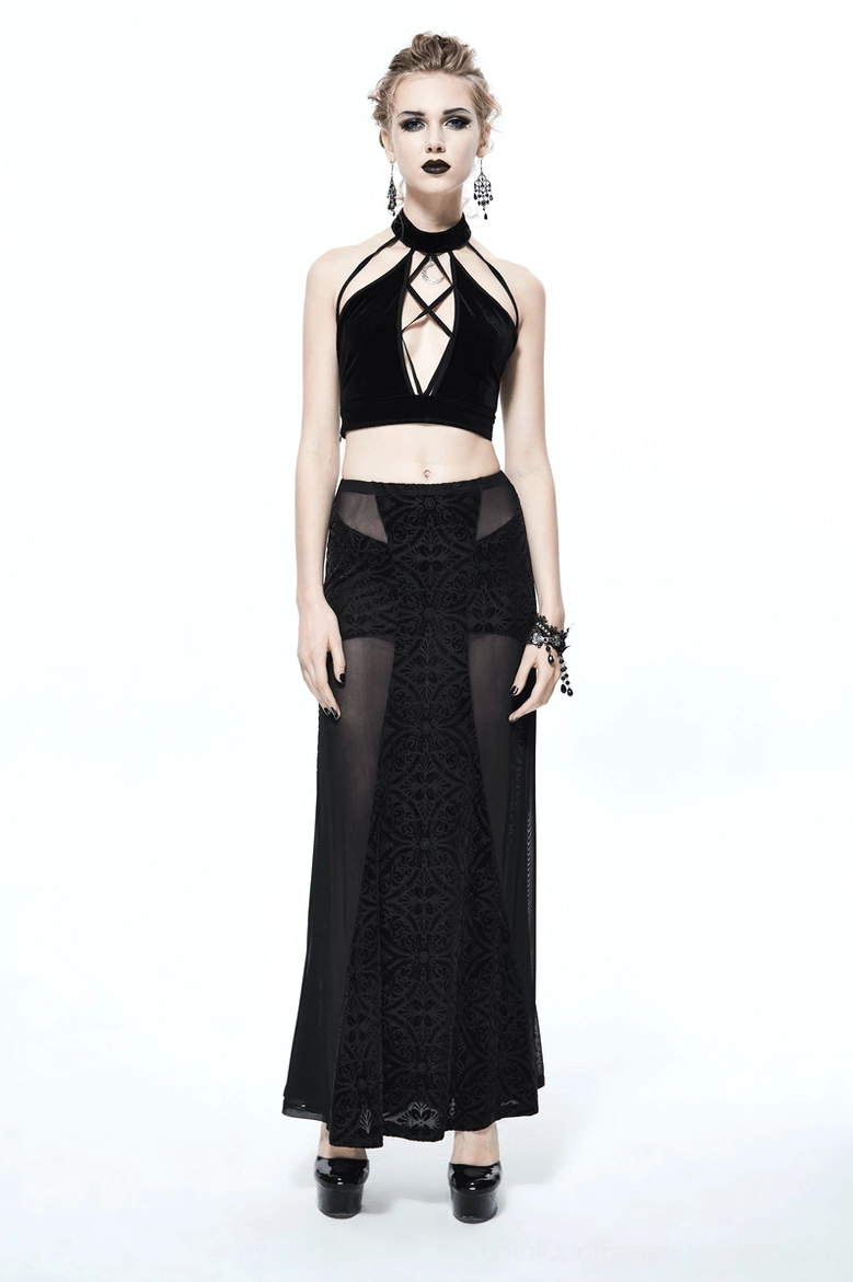 Gothic crop top and skirt set on female model, front full-body styling with sheer panel long skirt, white studio background