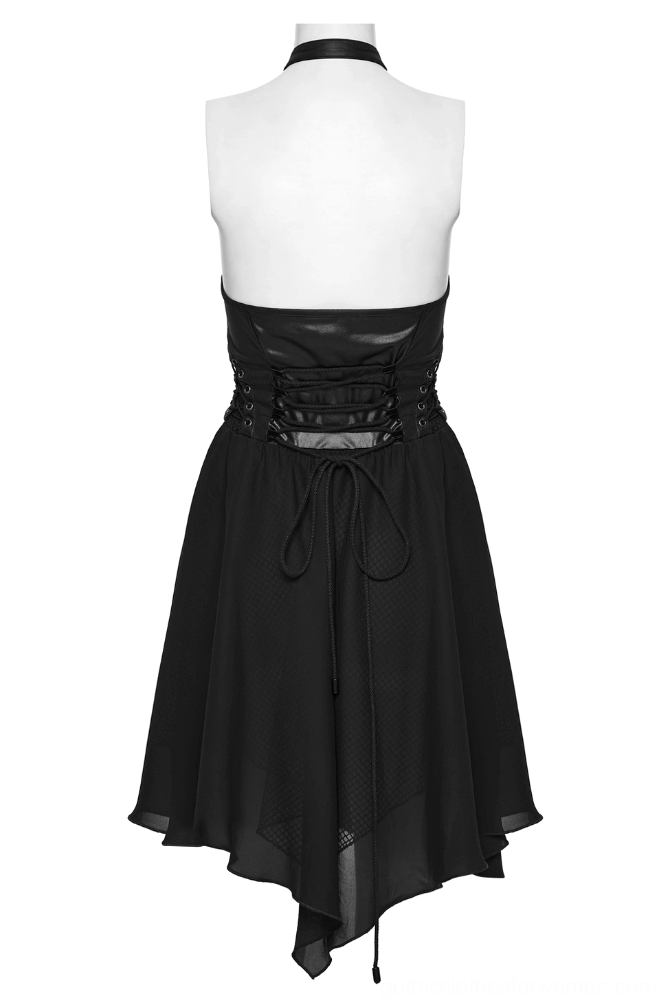 Gothic halter corset dress back view highlighting lace-up waist detail and flowing chiffon asymmetric hem layers