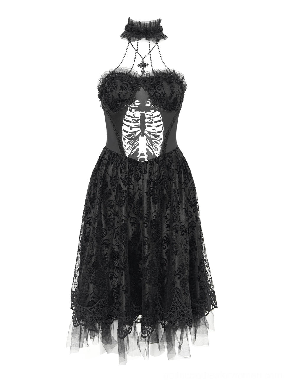 Gothic halter dress flat lay front view with furry bust trim and intricate floral lace overlay