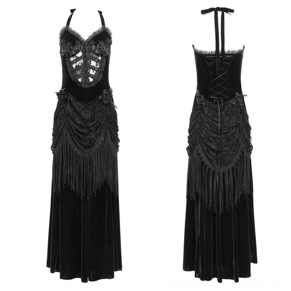 Front and back product display of black velvet halter gothic dress with lace details