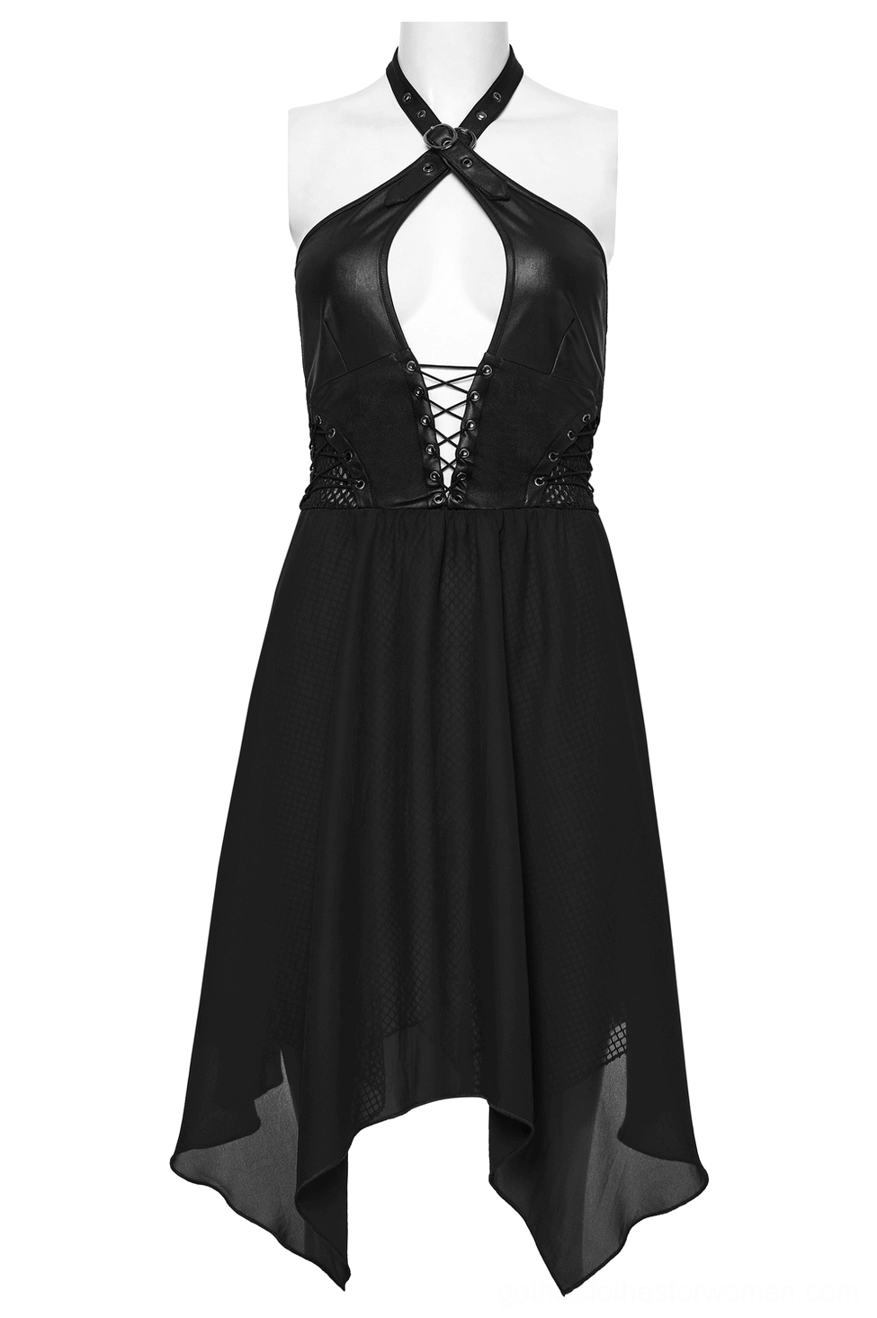 Alternative fashion gothic dress front display with cross halter neckline, structured leather bodice, and lace-up front closure