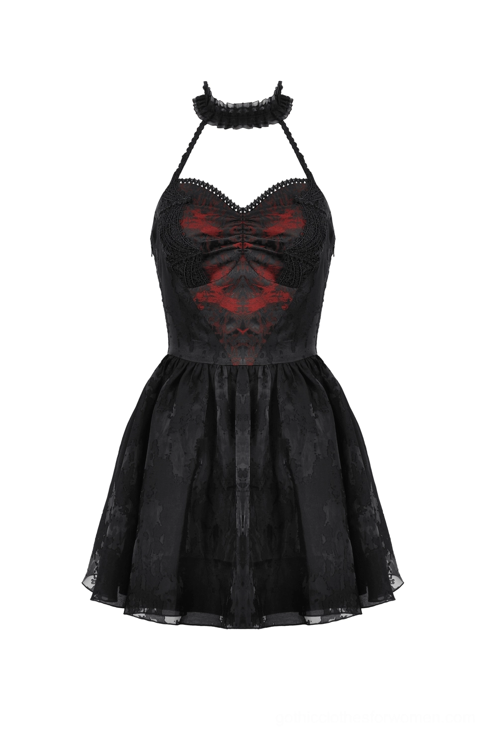 Black gothic halter dress with heart-shaped red printed bust and lace details - flat lay front view showing dress construction