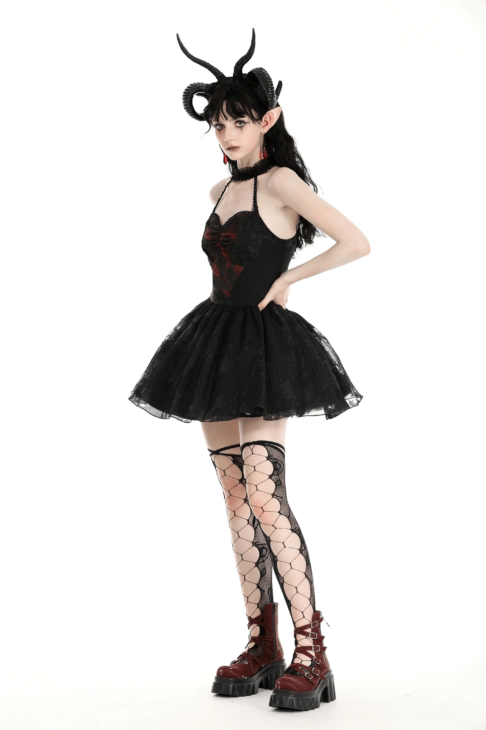 Black gothic halter dress featuring intricate lace accents, corset-style back, and ruffled tulle skirt - additional styling angle