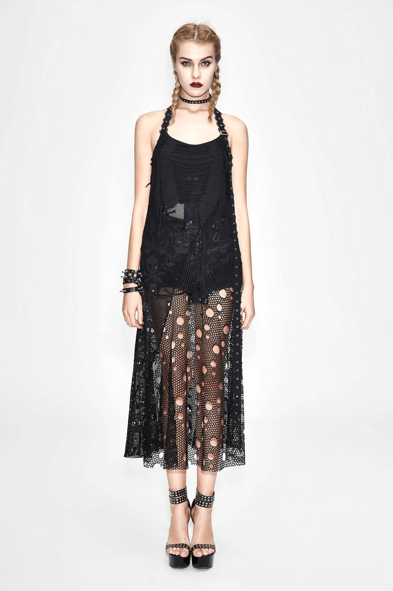 Black gothic halter maxi dress with perforated skull fishnet skirt and ruched bodice details