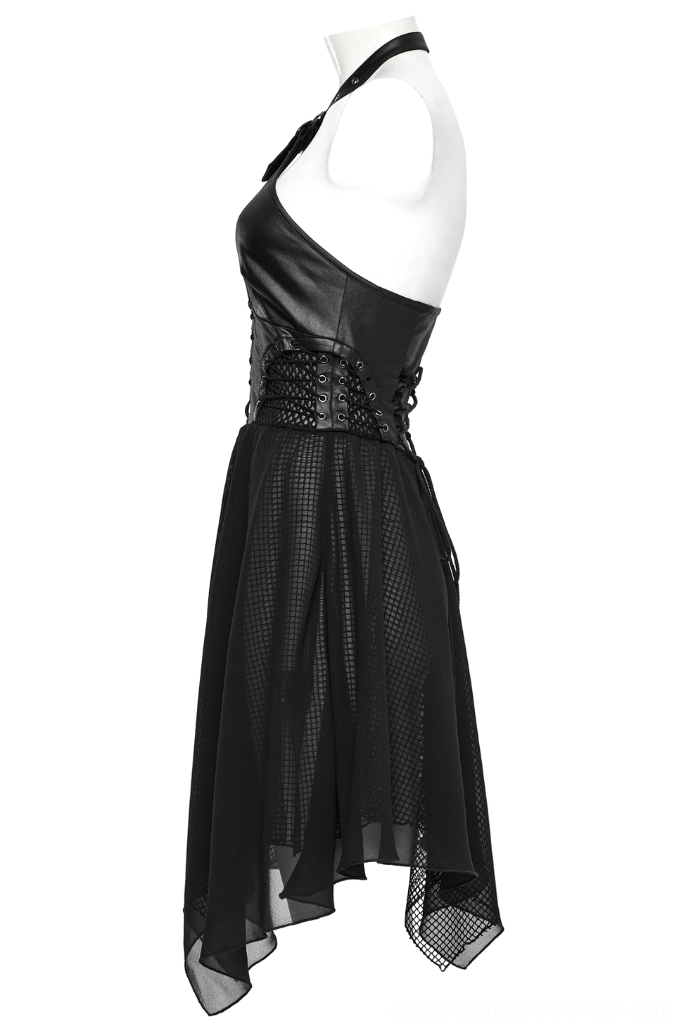 Black gothic halter dress side view showing faux leather top, fitted waist with lace-up detail, and asymmetric chiffon hem