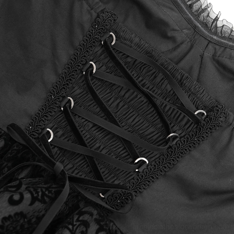 Gothic halter dress side view highlighting fitted corset bodice and flowing tulle skirt construction